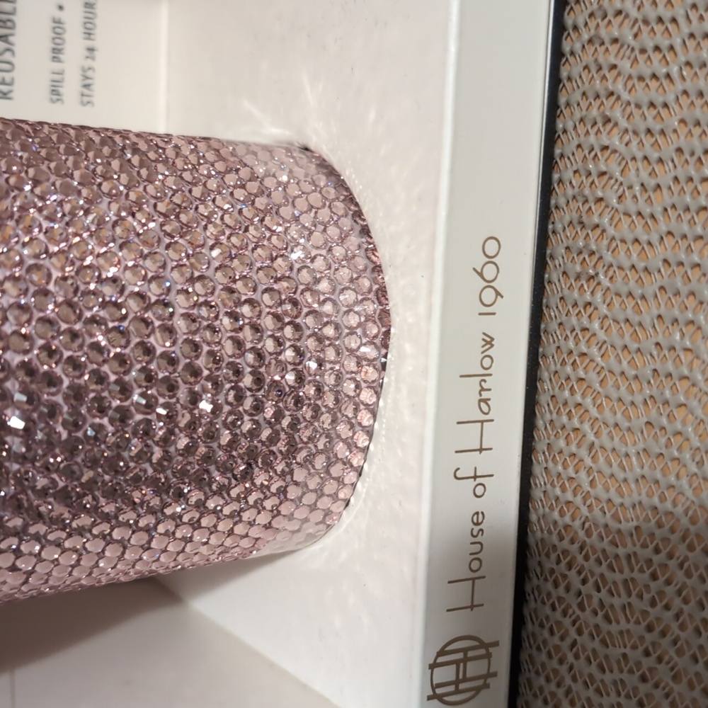 Pink Rhinestone Tumbler w/ Straw & Handle House Of Harlow 1960 New - Picture 2 of 6